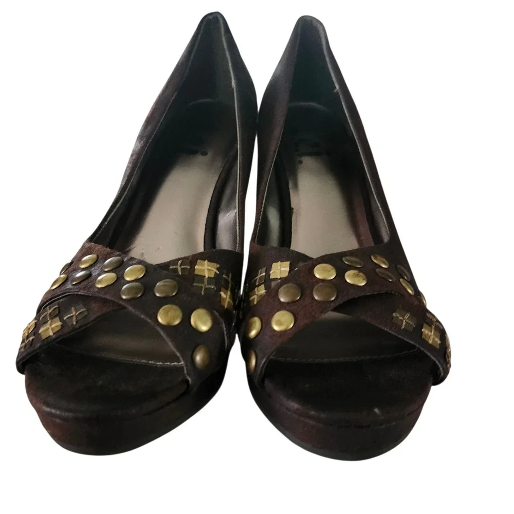 L.E.I. Platform Heels Womens 6.5 Brown Studded Peep Toe Y2K Style Whimsigoth